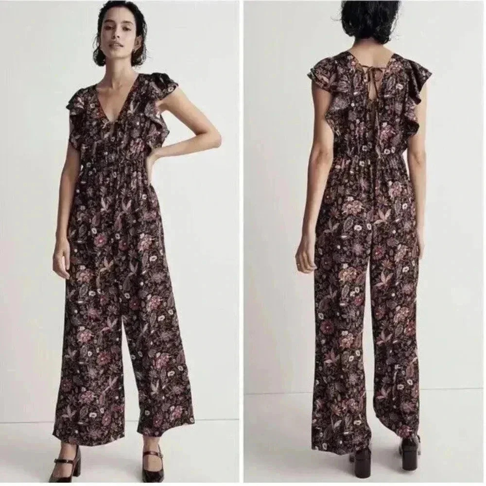 Madewell Deep-V Ruffled Jumpsuit in Pampas Blooms Sz S